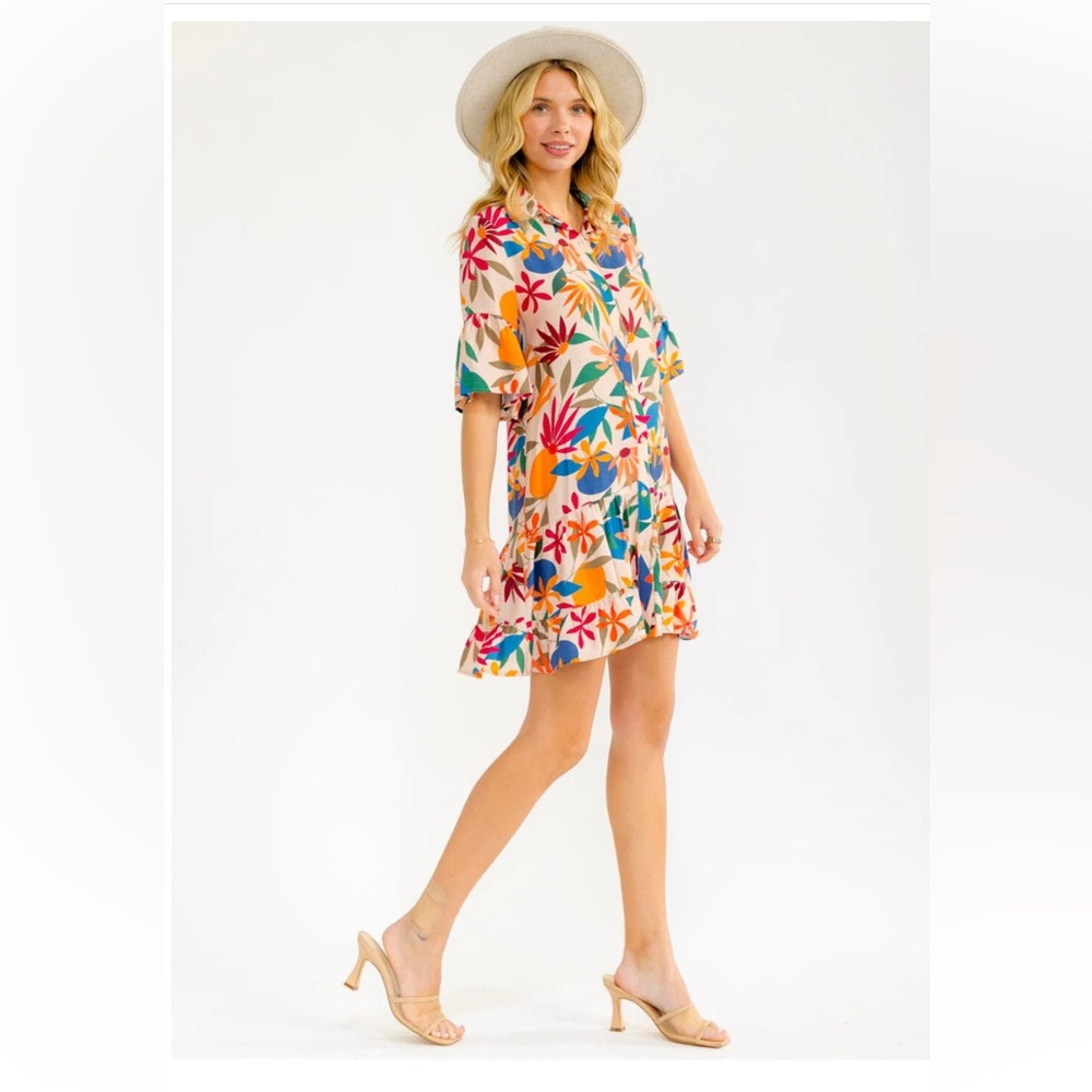 Colorful Floral Short Sleeve Tiered Mini Dress